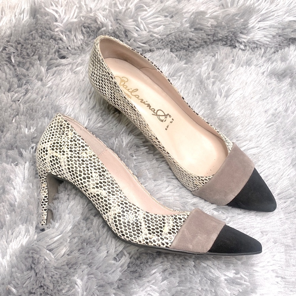 Bailarina S Black & Taupe Snakeskin Print Pump Size 7.5 Made in Spain